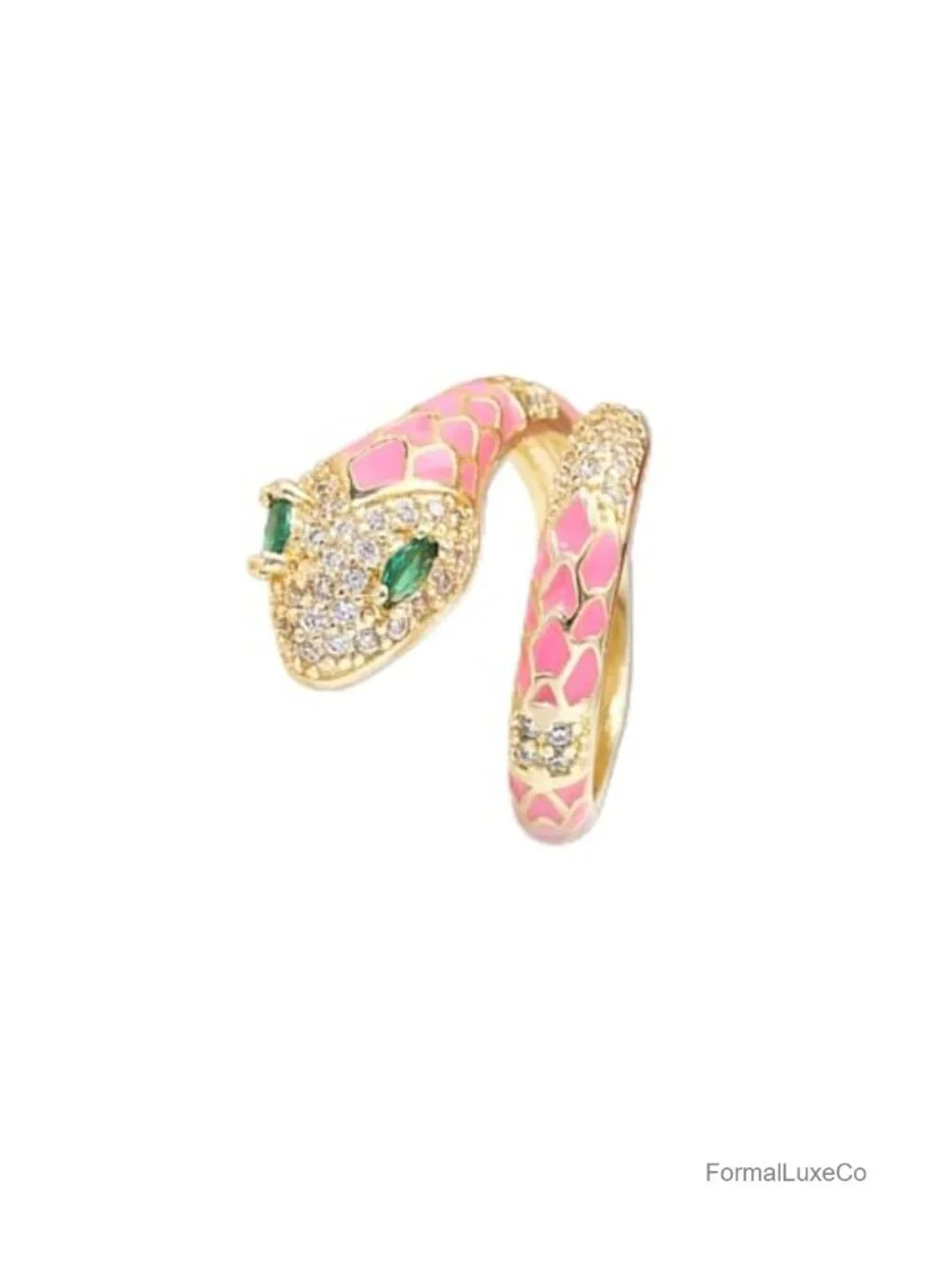 Adjustable Open Snake Ring - Gold Plated Brass, Cubic Zirconia, Oval